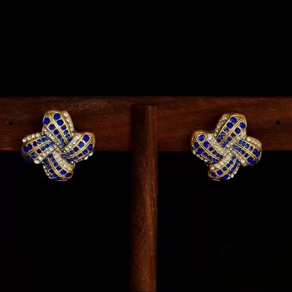 Cubic Zirconia Statement Stud Earrings – Blue & Clear Crystals ✨ - Picture 6 of 11